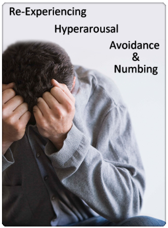 Image of a man with head in hands and the words 'Re-experiencing', 'Avoidance and Numbing', and 'Hyperarousal' above him. 
