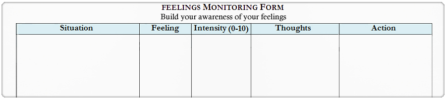 Image of the top portion of the Feelings Monitoring Form Image of the top portion of the Feelings Monitoring Form