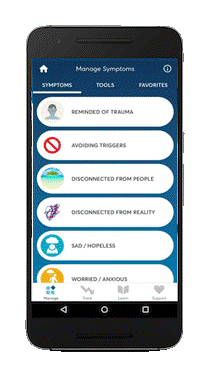 PTSD Coach mobile screen: Learn, track symptoms, manage symptoms, get support